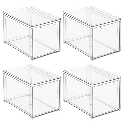 mDesign Plastic Stackable Bathroom Storage with Pull Out Bin Organizer Drawer for Cabinet, Vanity, Shelf, Cupboard, Cabinet, or Closet Organization - Lumiere Collection - 4 Pack - Clear - size: 8 x 12 x 8 (Pack of 4)