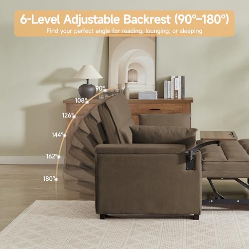 hansones 65'' 3-in-1 Folding Convertible Sofa Bed, Pullout Sofa, Modern Chenille Fabric, 360° Swivel Side Table, Easy Assembly, Perfect for Living Room(ZY-1107A-Brown)