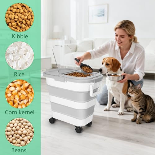 ShineMe Dog Food Storage Container, 30 Lbs Collapsible Food Storage Containers with Rolling Wheel Airtight Locking Lid, Cat Foods Bin with Cup and Scoop, Suitable for Pet Snack, Rice, Flour (Grey) - color: 30 Lbs Grey