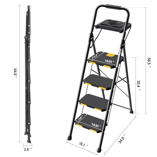 KINGRACK 4 Step Ladder with Tool Platform, Folding Step Stool with Wide Pedal, Safety Locking, Sturdy Steel Ladder Portable Safety Ladder for Painting Home Outdoor Garage - size: 4-Step with Tool Platform