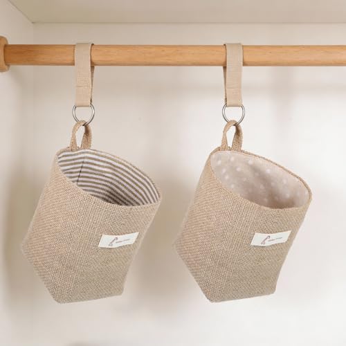 2 Pack Hanging Basket for Door, Small Jute Wall Storage, Hanging Storage Bags Cotton Linen Boho Camper Decor for Keys, Flower Plants, Wallet