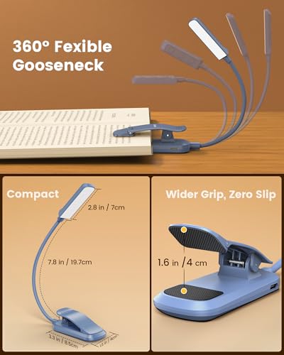 Glocusent 13 LED Rechargeable Book Light for Reading at Night, Eye-Caring 3 Amber Colors & Stepless Dimming, Lasts 1 Week to 2 Months, Travel Clip on Lamp, Gifts for Book Lovers, Men, Women & Kids - color: Lake Blue