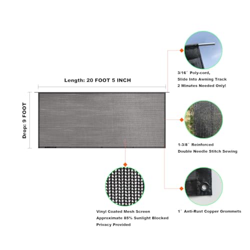 Shadeidea RV Awning Sun Shade Screen for Awning - 9' X 20' 5'' Black Mesh Sunshade Motorhome Camping Trailer UV Sunblocker Canopy Sunscreen - 3 Year Warranty - size: 9' 0'' x 20' 5'' -Actual Measurement