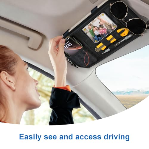 Car Sun Visor Organizer,Truck Accessories with Photo Frame & Zippered Pocket, Universal Visor Organizer Bag with Acrylic Window, Fits Most Cars for Storage