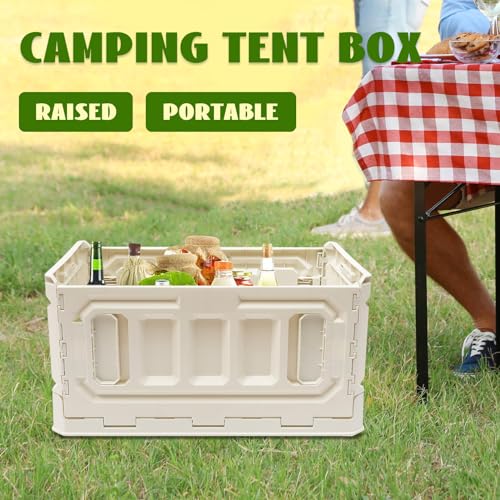 Folding Storage Box, Outdoor Portable Campings Tent, PP Folding Box Table Equipment, Camping Box with Wooden Cover 95L for Camping,Home,Car Trunk, White