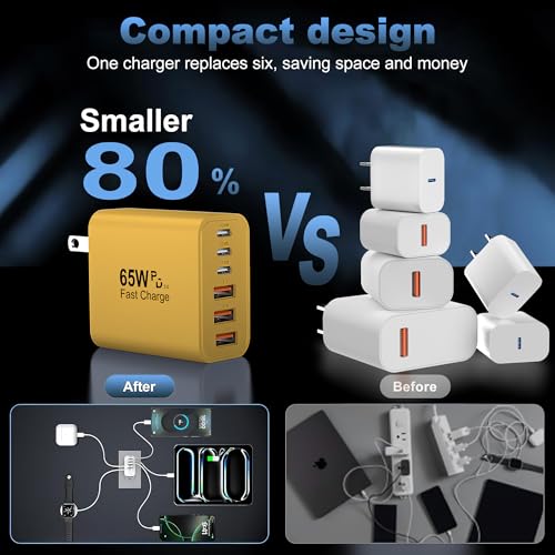 65W USB C Charger Block,6-Port Multi Device Fast Charger PD QC Wall Adapter | GaN technology saves space and reduces heat,ideal for home,office,travel,wide compatibility for iphone & USBC devices(Yellow - color: Yellow