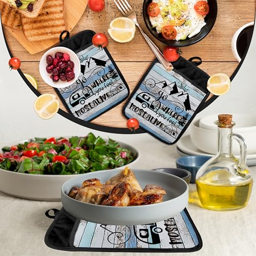 Camping Camper RV Gifts Pot Holders with Pockets, Go Where You Feel Most Alive Pot Holders Heat Resistant Oven Mitts Hot Pads for Campsite RV Kitchen Baking Cooking - color: Louyzhut-2