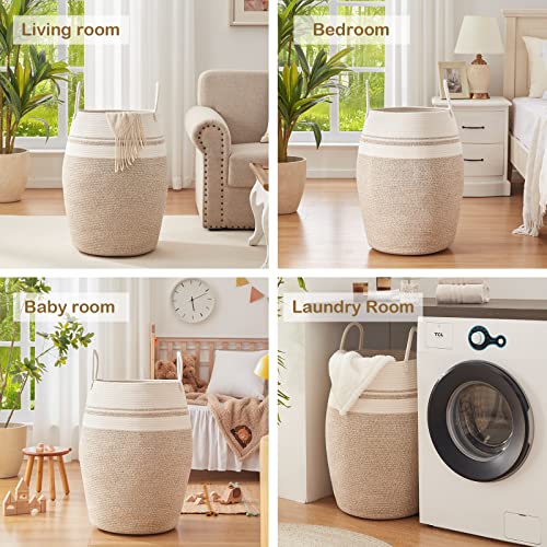 OIAHOMY Laundry Hamper Woven Cotton Rope Large Clothes Hamper 25.6" Height Tall Laundry Basket with Extended Cotton Handles for Storage Clothes Toys in Bedroom, Bathroom, Foldable (Yellow variegated) - color: Yellow variegated