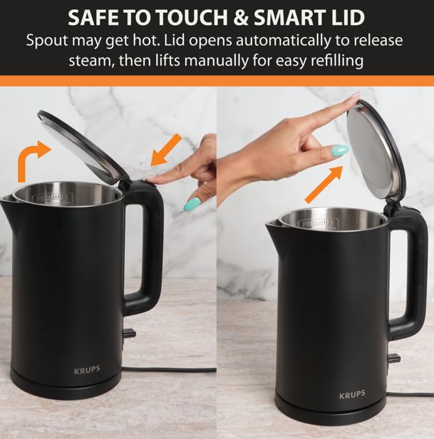 KRUPS 1.5L Electric Kettle Stainless Steel Cool Touch Interior, Fast Boiling, One Cup in 80 Seconds, Double Wall, Auto Off, Keep Warm, Hot Water Kettle Electric, Cordless, Black/White - style: Cool Touch Kettle