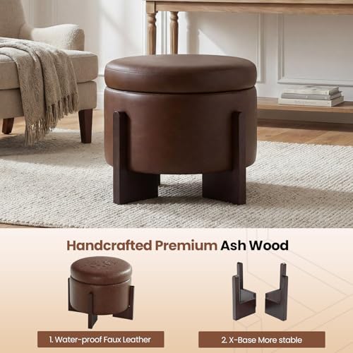 Faux Leather Round Ottoman, 22 Inch Storage Ottoman,PU Leather Ottoman,Multi-Functional Footrest for Living Room & Bedroom,Apartments (Dark Brown, Round) - color: Dark Brown
