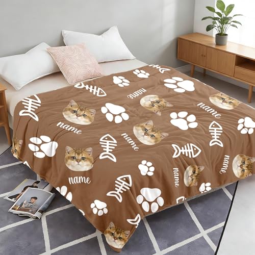 Personalized Cat Face Blanket with Paw Bones, Custom Pet Memorial Blankets, Personalized Cats Blankets with Name Face, Customized Throw Blanket Gifts for Pet Lovers Cat Dad Mom - color: Design11