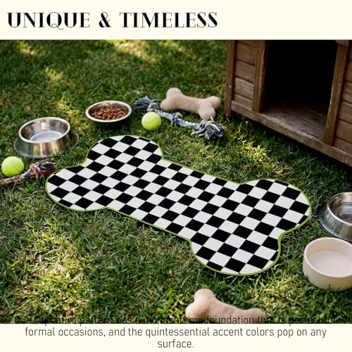 Yookeer Black and White Pup Placemat Check Plaid Cute Pet Food Mat for Dog Bowls and Cat Bowls Gift Decorations Buffalo Plaid Bone Shaped Dog Place Mat Spring Pet Accessories Supplies, 14 x 24 Inch