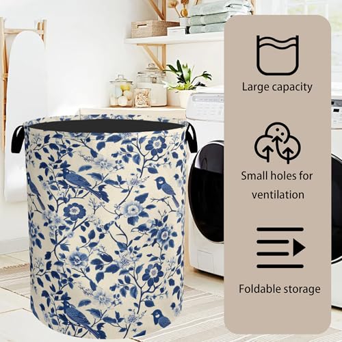 Navy Blue Beige Birds Laundry Basket - Heavy Duty 60L Dirty Clothes Organizer, Water Resistant Foldable Hamper for Men Women - color: Navy Blue Beige Birds