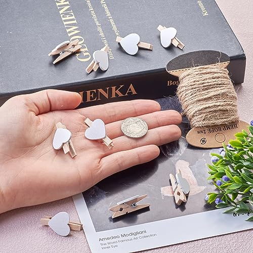 Pandahall 100pcs White Heart Clothespins Wooden Photo Paper Peg Pin Craft Clips with 10.9 Yards Natural Jute Twine for Paper Photo Display Hanging Home Party Wedding Decoration