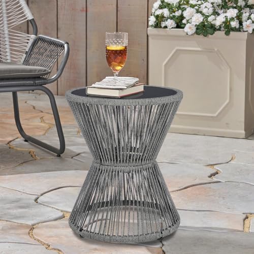 SUNNYPARK Outdoor Side Table 20'' H Small End Tables Woven Rope Weather Resistant with Glass Top Round Coffee Table for Indoor Balcony Patio Poolside (Gray) - color: Grey