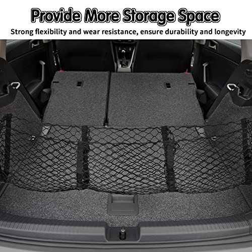 Tallew 2 Pcs Car Rear Cargo Net, Adjustable Elastic Mesh Cargo Net, 3 Pocket Heavy Duty Trunk Bed Storage Organizer, Universal for Car SUV Vehicle Pickup Truck with Accessories(43.3 x 15.7 Inches)