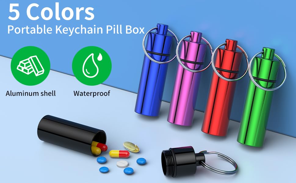 Small Pill Box,(5 Pack) Keychain Pill Holder Portable Mini Travel Pill Container Metal Case Bottle with Keyring - color: 5c