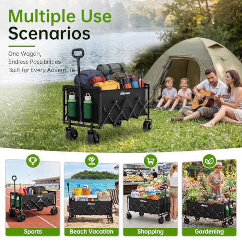 Extra Long Collapsible Wagon Cart, 360LBS Heavy Duty Utility Wagons with All-Terrain Wheels, Foldable Grocery Carts for Gardening, Shopping, Beach, Camping, Black - color: Ebony