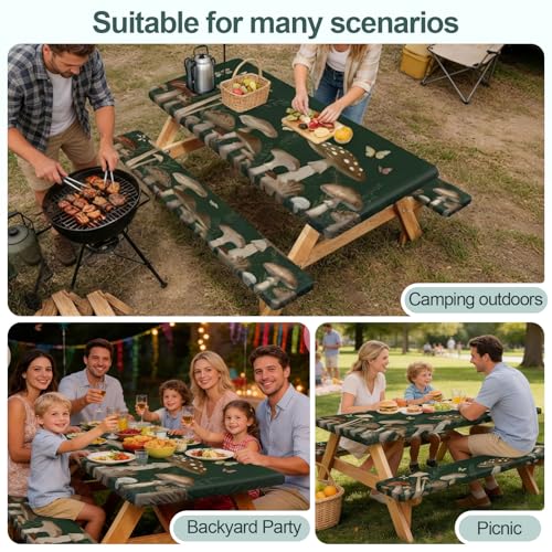 Picnic Table Cover with Bench Covers Camping Essentials Waterproof Windproof Camping Tablecloth with Drawstring Bag, Fitted Rectangle Tables and Seats, 72in, Dark Green Mushroom - color: Dark Green Mushroom, size: 72in