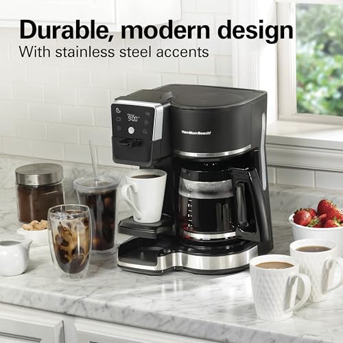 Hamilton Beach 2-Way 12 Cup Programmable Drip Hot and Iced Coffee Maker & Single Serve Coffee Machine, AquaFlow Showerhead, Glass Carafe, Auto Pause and Pour, Black (47500J) - color: Black