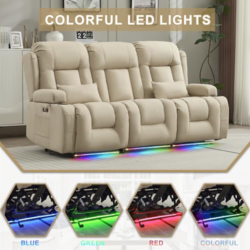 URRED Power Loveseat Recliner Sofa with Massage and Heat, Wall Hugger Reclining Loveseat with Console, RV Couch Home Theater Seating with LED Lights for Living Room (Beige, 76.8" - 3 Seats) - color: Beige, size: 76.8" - 3 Seats