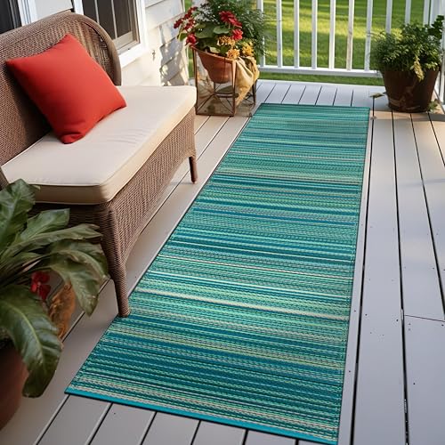 Rugshop Contemporary Stripe Reversible Crease-Free Waterproof Premium Recycled Plastic Outdoor Rugs for Patio,Backyard,RV,Deck,Picnic,Trailer,Beach,Camping Rug 2' 7" X 8' Blue - size: 2'7" x 8' (Rectangular)