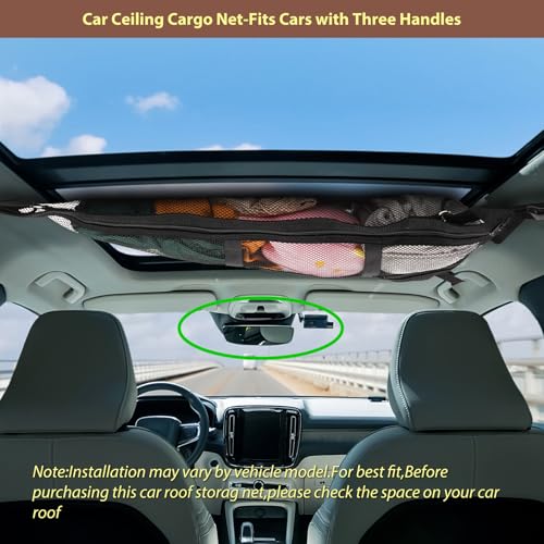 3 Handle Car Ceiling Cargo Net for SUV Roof Storage | Large 35.4" x 23.6" Perfect for road trips, camping, family travel and car organization,No tools required - size: 35.4"x23.6"