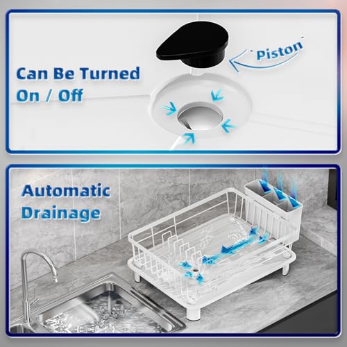 Dish Drying Rack, Stainless Steel-Dish Rack, Dish Racks for Kitchen Counter, Kitchen Dish Drainers with Removable Utensil Holder,New drain outlet,Plate Rack and Drainboard,(White-11" W x 15" L) - color: White