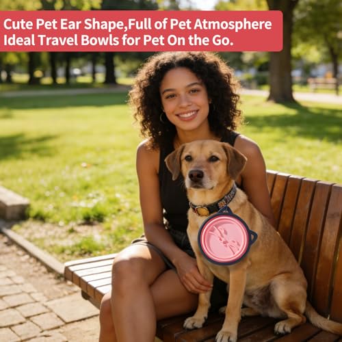 2Pack Silicone Collapsible Dog Bowls, Cute Pet Ear Shape and Cat Graphic Travel Water Bowl Full of Pet Atmosphere 25oz Portable Feeder for Small Large Dog Walking Hiking Camping (Pink and Grey) - color: Pink and Grey