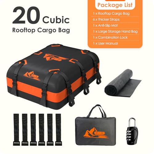 Car Rooftop Cargo Carrier Bag 20 Cubic Feet, 100% Waterproof Heavy Duty Car Roof Bag for All Vehicle with/Without Racks - Anti-Slip Mat, 6 Door Hooks, Storage Bags, 5CM Straps(Orange)