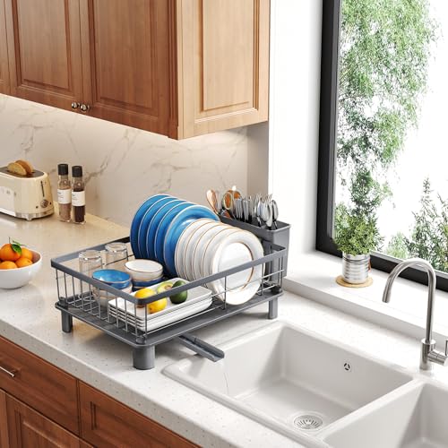 SNTD Dish Drying Rack - Small Dish Rack for Kitchen Counter, Stainless Steel Dish Drainer with Utensil Holder and Drainboard, 11" W x 15" L (Grey) - color: Gray, size: 11" W x 15" L