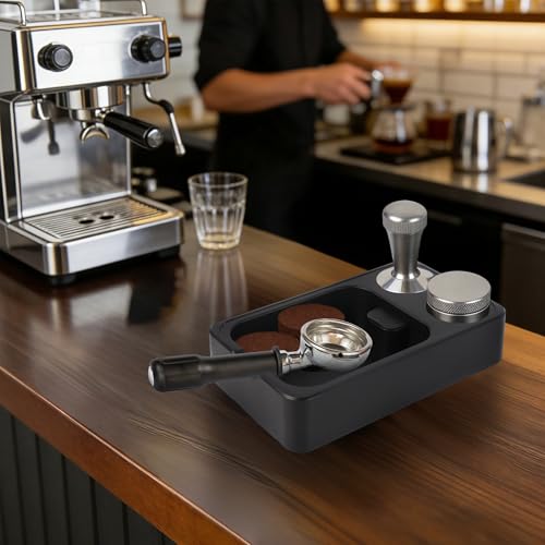Espresso Tamping Station with Knock Box, 3-in-1 ABS Coffee Tamper Station Organizer for 51/54/58mm Tamper for Home Cafe Office, Black