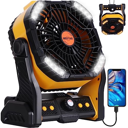 WESTTREE 20000mAh Camping Fan with LED Lantern USB Tpye C Rechargeable Battery Operated Outdoor Tent Fan with Light & Hook, 270° Pivot 4 Speeds, Personal USB Desk Fan for Camping Yellow X26A - color: X26A Yellow