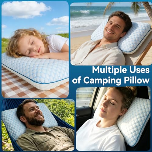 Camping Pillow with Memory Foam-Compressible Medium Firm, Ultralight Cooling Travel Pillow, Outdoor Pillows Ideal for Backpacking, Hiking, Camping, Airplane,Car, Small Beach Pillow with Washable Cover - size: Small Camping Pillow