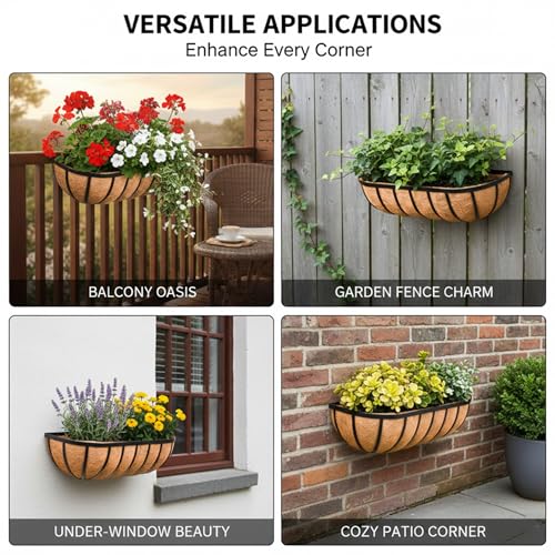 36“ Window Box Railing Planter with Coco Liner Metal Wall-Mounted Coconut Liner Planter Basket English Horse Trough Planters for Outdoor Deck Balcony Porch Fence Patio Black (2 Pack) - size: 36 Inch