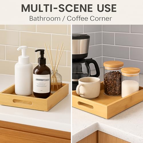 Tray for Oil Bottles Kitchen Counter – Bamboo Organizer with Handles, Waterproof Coating & Non-Slip Feet, Condiment Holder for Spices, Sauces & Seasoning Jars (2, Natural)