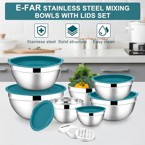 E-far Mixing Bowls with Lids Set, 7-Piece Stainless Steel Mixing Bowls with 3 Grater Attachments, Size 4.6, 3.5, 2.6, 2, 1.5, 1, 0.7QT, Metal Nesting Bowls & Blue Airtight Lids, For Baking/Cooking - color: Blue, size: 7 Regular Sizes