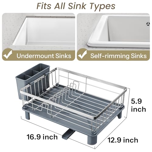 SNTD Dish Drying Rack - Small Dish Rack for Kitchen Counter, Stainless Steel Dish Drainer with Utensil Holder and Drainboard, 12.9" W x 16.9" L (Silver) - color: Silver, size: 12.9" W x 16.9" L
