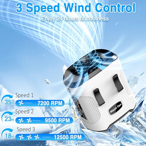 Sunoony Waist Fan Clip on Shirt Belt Body Wearable Hand-Free Rechargeable Battery Powered Fan with 3 Speed & Flashlight Cooling Portable Neck Fan for Outdoor Travel
