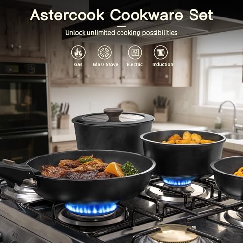 Astercook 23 Pcs Pots and Pans Set Non Stick, Ceramic Cookware Set Detachable Handle, RV Kitchen Cooking Set Removable Handles, Oven Safe, Induction Ready, Stackable, Black, Mothers Day Gifts - color: Black, size: 23 Piece
