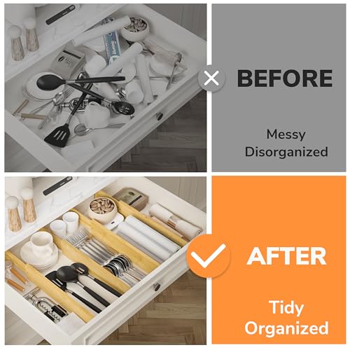 BAMEOS Bamboo Expandable Drawer Dividers – Fits 16.65"–22" Drawers, 3" Deep Walls, Set of 4 | Taller Spring-Loaded Separator Keeps Items Upright in Kitchen & Dresser Drawers - size: 3''H, 16.65''-22''L