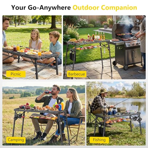 Raynesys Tri-fold Camping Table, 35.43"x15.75", Aluminum Frame Folding Tables, 3 Heights Adjustable Grill Table with Storage Bag, Portable Handle for Picnic Cooking BBQ Camping Outdoor, Black - size: 35.43 x 15.75 x 27.95 inch