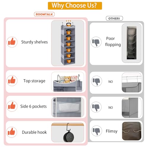 6-Shelf Hanging Closet Organizer and Storage with 6 Side Pockets, Collapsible Closet Hanging Shelves for Storage, Grey - size: 6-shelf