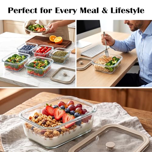 4 Pack Glass Meal Prep Containers with Glass Lids, Plastic-Free Glass Food Storage Containers, Multi-Size Glass Food Prep Containers for Lunch, Leftovers, Microwave, Freezer (12, 21, 35, 50 oz) - size: Multi-Size