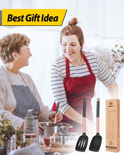 Pack of 2 Silicone Solid Turner, Non Stick Slotted Kitchen Spatulas, High Heat Resistant BPA Free Cooking Utensils, Ideal Cookware for Fish, Eggs, Pancakes(Rose Gold Black) - color: Rose Gold Black