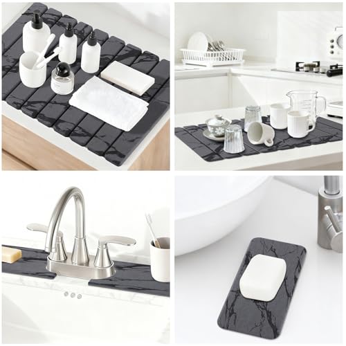 3 PCS Large Stone Dish Drying Mat for Kitchen Counter, Quick Dry Diatomaceous Earth Mat with Sink Faucet Pad, Marble Water Absorbing Stone Drying Mats for Dishes, Bottles and Cups - color: Dark Grey Marble