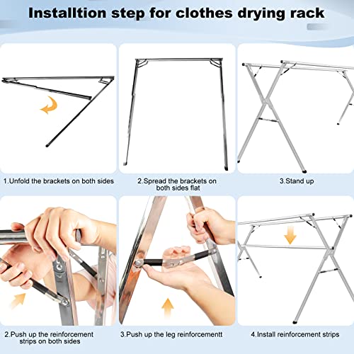 Sarahipe Sillars Clothes Drying Rack, 63 inches Laundry Drying Rack Clothing Foldable & Collapsible Stainless Steel Heavy Duty Clothing Drying Rack with Windproof Hooks for Indoor Outdoor