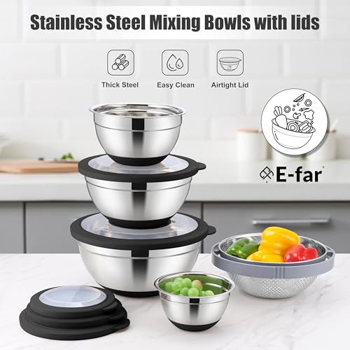 E-far Mixing Bowls with Lids Set, 15PCS Stainless Steel Mixing Nesting Bowl with Colander & 3 Metal Grater for Kitchen Prep/Baking/Storage, Non-Slip Bottom & Airtight Lid, 4.6, 3, 1.5, 1, 0.7QT, Black - color: Black