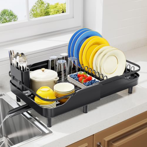 Urackify Expandable Dish Rack for Kitchen Counter,16.14"-23.62" Large Dish Drying Rack with Adjustable Water Spout, Space Saving Dish Drainer with Auto Draining Cutlery Holder, Matte Black - color: Matte Black