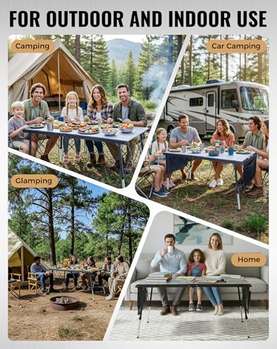 KingCamp Folding Camping Table Foldable, 55.1" x27.6" Aluminum Roll Up Table with Adjustable Height 6-7 Person Large Camp Tables Outdoor with Carrying Bag for BBQ, Patio, Picnic Loads 265 Lbs - color: Silver/Black - 55.1"×27.6" - Adjustable Height, style: